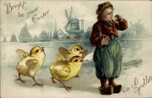 Präge Ak Glückwunsch Ostern, Junge mit Küken, Windmühle