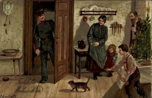Künstler Ak Mailick, Frohe Weihnachten, Soldat auf Heimatbesuch, Familie