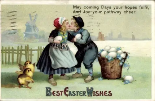 AK Glückwunsch Ostern, Küssendes Pärchen, Küken, Ostereier
