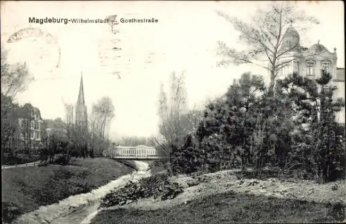 Ak Stadtfeld Ost Wilhelmstadt Magdeburg, Magdeburg-Wilhelmstadt, Goethestraße, Fluss, Brücke, Bau