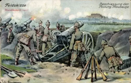 Ak Maubeuge Nord, Feldskizze, Beschuss der Festung Maubeuge