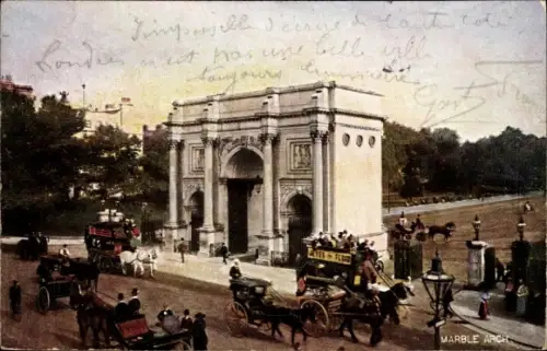 Ak London City England, Marble Arch, Torbogen, Pferdekutschen