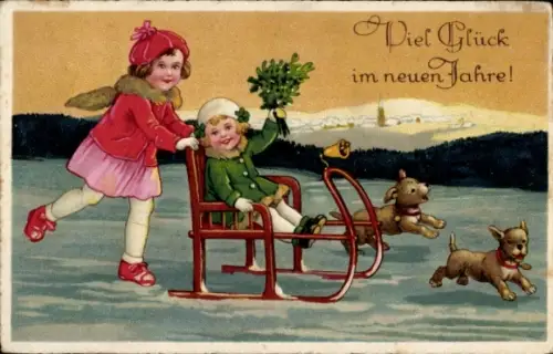 Ak Viel Glück im neuen Jahr, Kinder mit Schlitten, Welpen