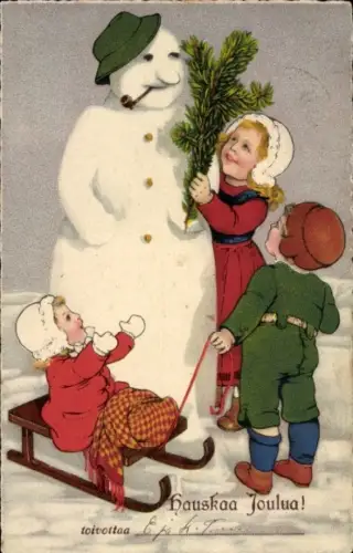 Ak Glückwunsch Weihnachten, Kinder mit Schlitten bei einem Schneemann