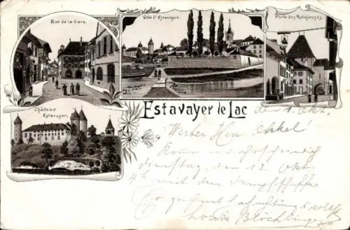 Litho Estavayer le Lac Kanton Freiburg, Bahnhofstraße, Chateau Estavayer, Porte des Religieuses