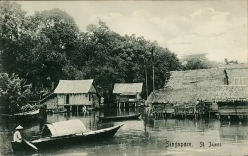Ak Singapur, St. James, Pfahlbauten auf dem Wasser, Boot