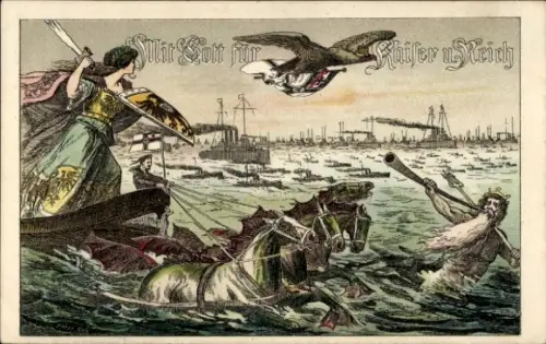 Künstler Ak Mit Gott für Kaiser und Reich, I. WK, Adler, Kriegsschiffe