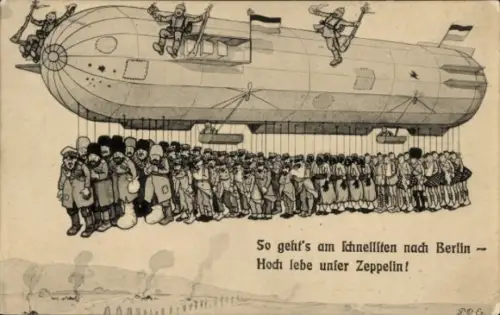 Künstler Ak Zeppelin, So gehts am schnellsten nach Berlin, Zeppelin, Kriegsgefangene