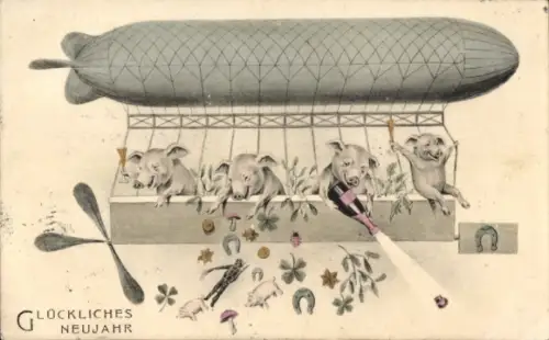 Ak Glückwunsch Neujahr, Luftschiff, Schweine, Hufeisen