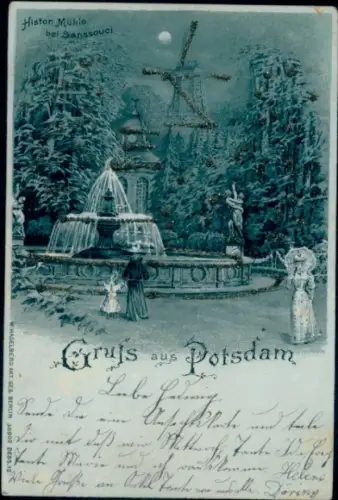 Mondschein Glitzer Litho Potsdam, Historische Mühle bei Sanssouci