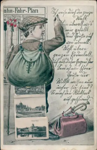 Leporello Ak Potsdam, Panorama, Schloss Sanssouci, Neues Palais, Bahn-Fahrplan