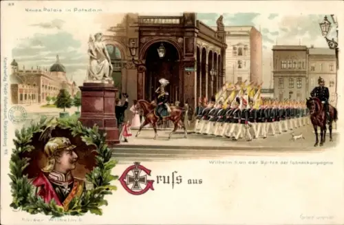 Litho Potsdam, Neues Palais, Kaiser Wilhelm II. an der Spitze der Fahnenkompanie