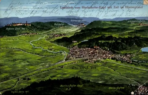 Landkarten Künstler Ak Felle, Leutkirch im Allgäu, Blick vom Herlazhofer-Kapf, Schloss Zeil