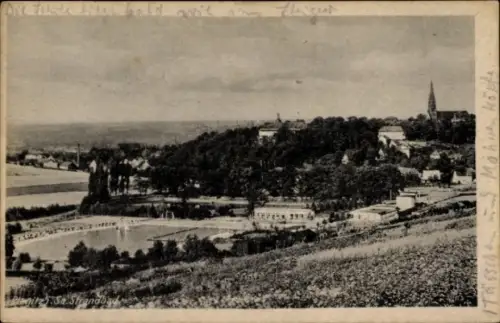 Ak Planitz Zwickau in Sachsen, Blick auf das Strandbad von der Wiese aus, Kirche