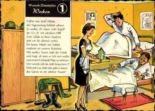 Künstler Ak Deutsche Bundeswehr, Wunsch-Dienstplan, Wecken, Kellnerin