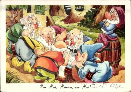 Ak Walt Disney, Schneewittchen und die sieben Zwerge, Nur Mut, Männer, nur Mut