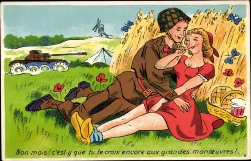 Künstler Ak Französischer Soldat mit einer Frau am Feldrand, Panzer