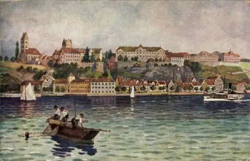 Foto Ak Meersburg am Bodensee, Gesamtansicht, Fischerboot