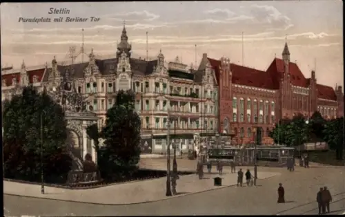 Ak Szczecin Stettin Pommern,  Paradeplatz, Berliner Tor,  Gebäude, Straßenbahn
