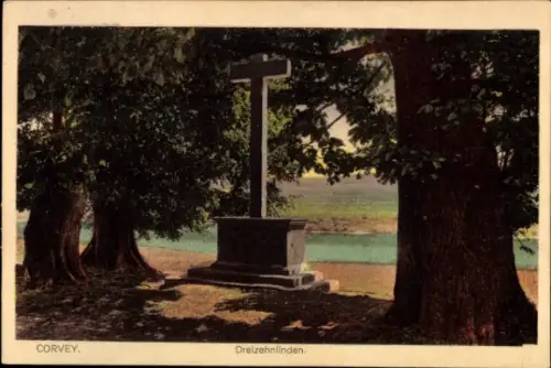 Ak Höxter in Nordrhein Westfalen, Corvey, Kreuz, Bäume, Fluss, Landschaft,  Dreizehnlinden