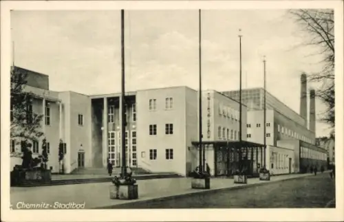 Ak Chemnitz in Sachsen, Chemnitz Stadtbad, Gebäude, Säulen, Eingang, Schriftzug