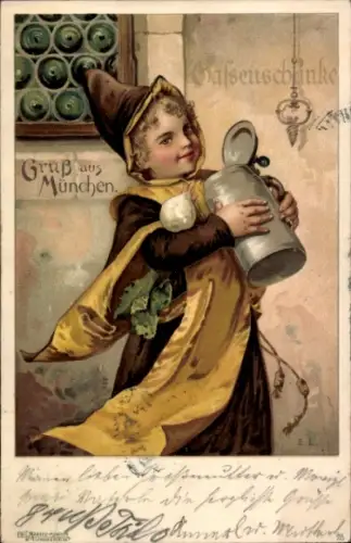 Präge Litho Münchner Kindl mit Bierkrug und Rettich