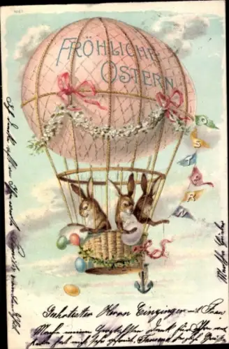 Litho Glückwunsch Ostern, Osterhasen, Ostereier, Ballonfahrt