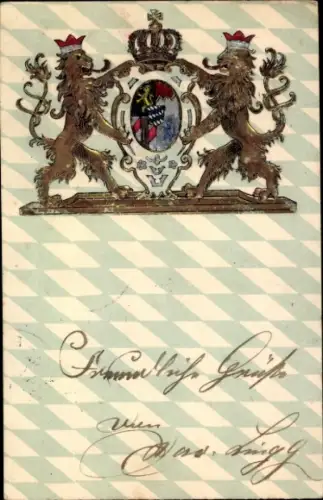 Präge Wappen Ak Königreich Bayern, Zwei Löwen, Krone