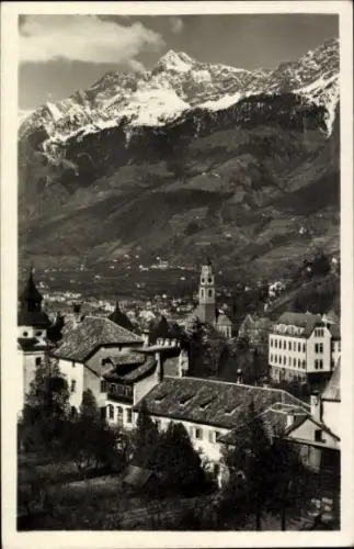 Ak Meran Merano Südtirol, Berglandschaft,  Gruppe der Tessa,  Gebäude