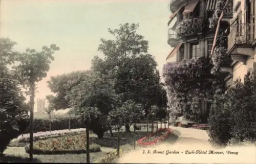 Ak Vevey Kanton Waadt, Gartenansicht, Park-Hotel Mooser,  Blumenbeete, Bäume
