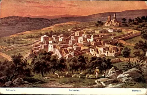 Ak Bethanien Palästina, Landschaft mit Häusern, Schafen, Bergen, Schriftzug Bethanien