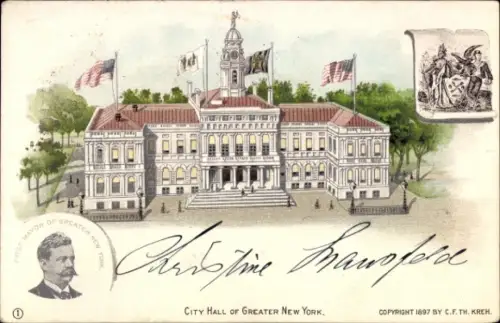 Ak New York City USA, Stadtverwaltung, Flaggen, Unterschrift, 1897, New York
