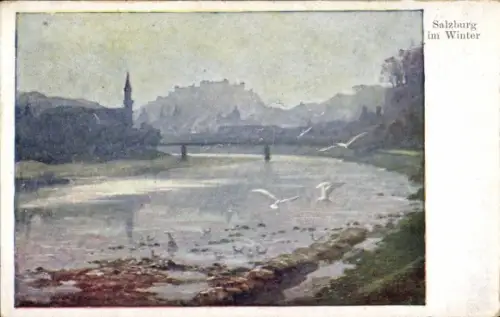 Ak Salzburg in Österreich, Gesamtansicht, Winter, Fluss