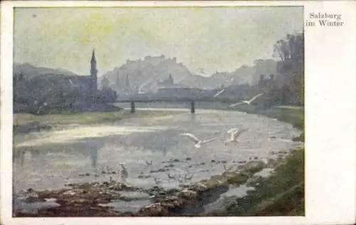 Ak Salzburg in Österreich, Flusslandschaft, Vögel, Winter, Kirche, Berge