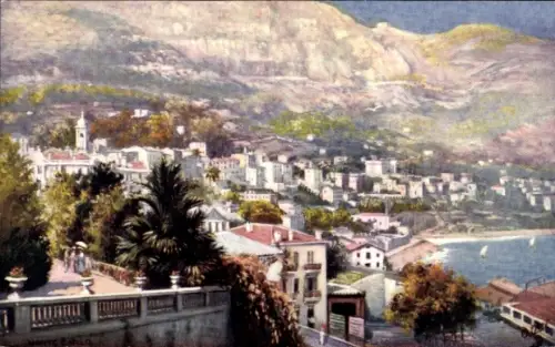Ak Monte Carlo Monaco, Blick auf  mediterrane Landschaft, Küste, Casino, Palmen