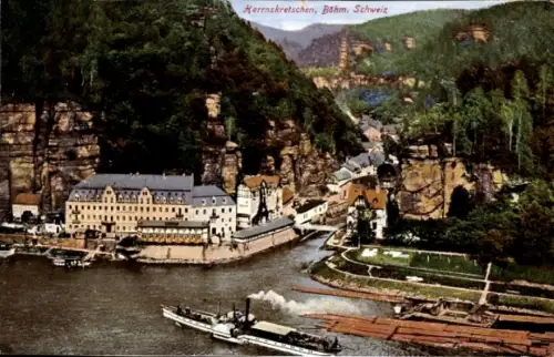 Ak Hřensko Herrnskretschen Elbe Region Aussig, Luftbild, Salondampfer, Stadt