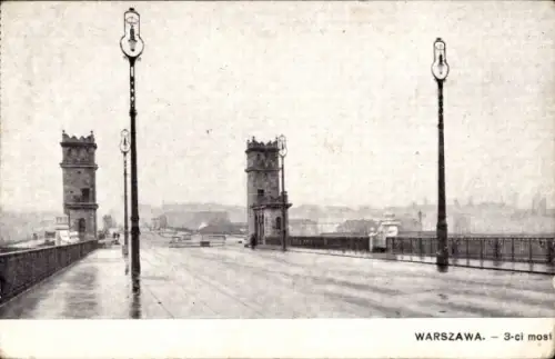 Ak Warszawa Warschau Polen, Brücke in  zwei Türme, Straßenlaternen, regnerisches Wetter