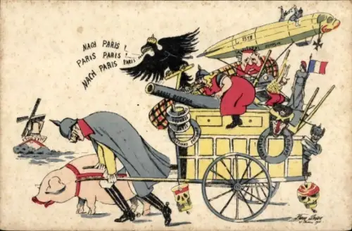 Künstler Ak Sager, Xavier, Nach Paris, Propaganda I. WK, Kaiser Wilhelm II, Zeppelin