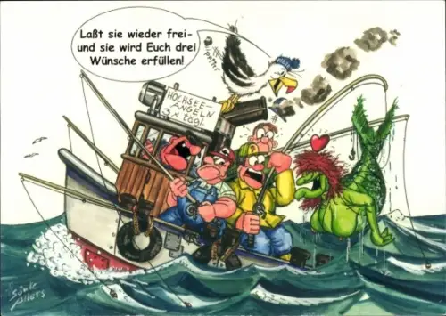 Künstler Ak Sönke Allers, Möwe Fiete, Hochseeangler fangen unansehnliche Nixe