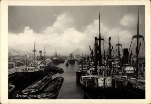 Ak Hansestadt Bremen, Freihafen, Schiffe, Kräne