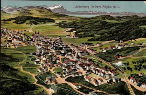 Ak Lindenberg im Allgäu Schwaben, Luftaufnahme von Lindenberg, Berge im Hintergrund, viele Häuser