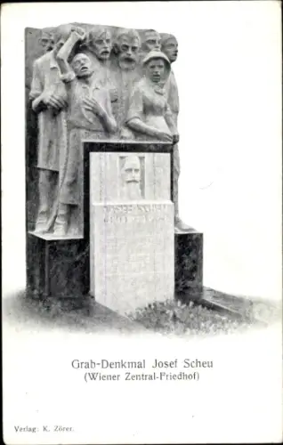 Ak Wien 10, Grab-Denkmal Josef Scheu, Wiener Zentralfriedhof, Statue, Gruppe von Menschen