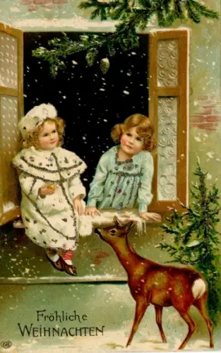 Präge Glitzer Ak Glückwunsch Weihnachten, Kinder, Reh, Tannenbaum