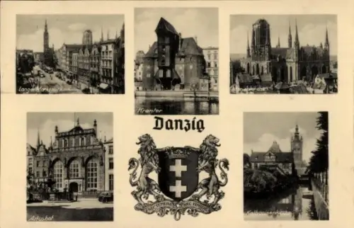 Ak Gdańsk Danzig, Langer Markt, Artushof, Kranter, Wappen von Danzig