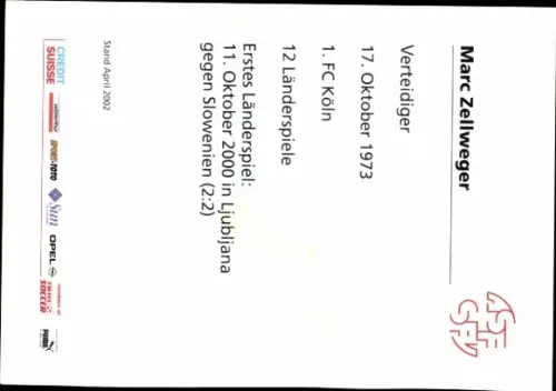Autogrammkarte Fußballer Marc Zellweger, SFV ASF, Schweiz