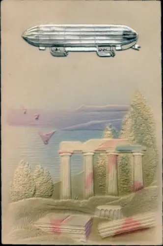 Relief Ak Luftschiff, Zeppelin, Gebäude, Säulen