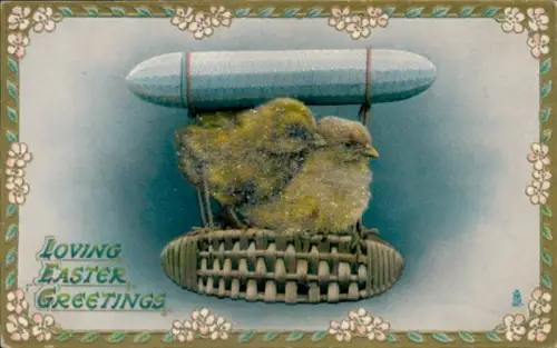 Präge Ak Glückwunsch Ostern, Zeppelin, Küken