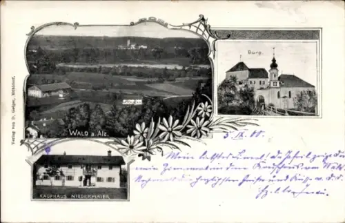 Passepartout Ak Wald an der Alz Garching an der Alz, Gesamtansicht, Burg, Kaufhaus Niedermaier