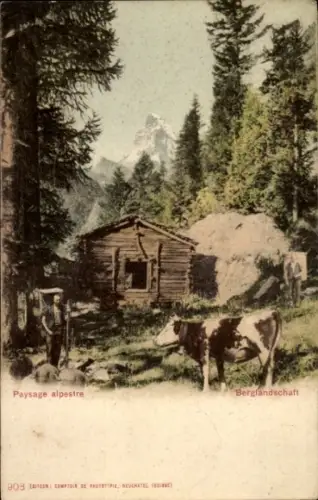 Ak Berglandschaft, Holzhütte, Kuh