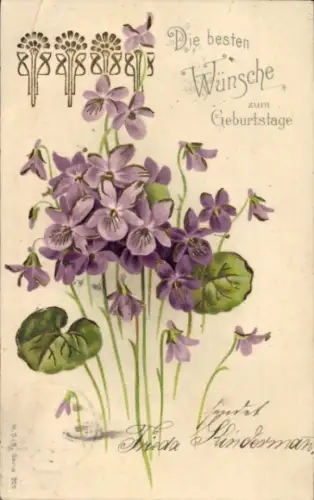 Litho Glückwunsch Geburtstag, Blumen
